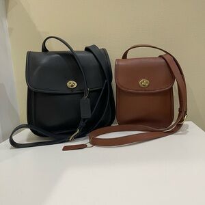 Vintage Coach Side pack Set Navy Blue and Tan Leather Bags ( Big and Small)